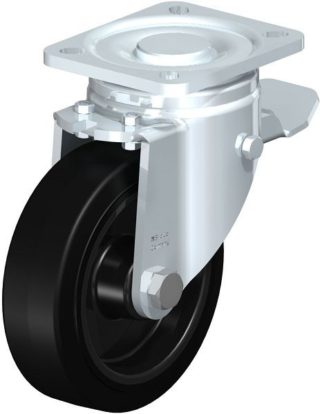Blickle LH-POEV 125XR-1-ST Stahlblech-Lenkrolle, Schwerlast-Ausführung, mit Anschraubplatte & Feststeller, Elastik-Vollgummi, Schwarz, 851776