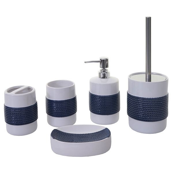 Mendler 5-teiliges Badset HWC-C73, WC-Garnitur Badezimmerset Badaccessoires, Keramik, blau/weiß, 62079