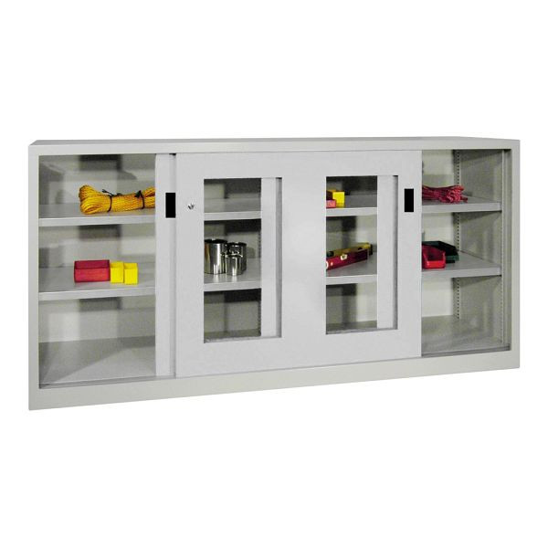 Pavoy Schwerlastschiebetürschrank 1000/2000/400, Mitteltrennwand, 4 verzinkte Fachböden; Sichtfenstertüren; Drehdruckzylinderschloss, 30330-200-490-910735