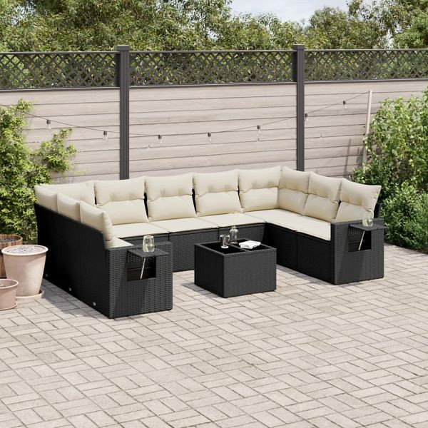 vidaXL 10-tlg. Garten-Sofagarnitur mit Kissen Schwarz Poly Rattan, 3252943