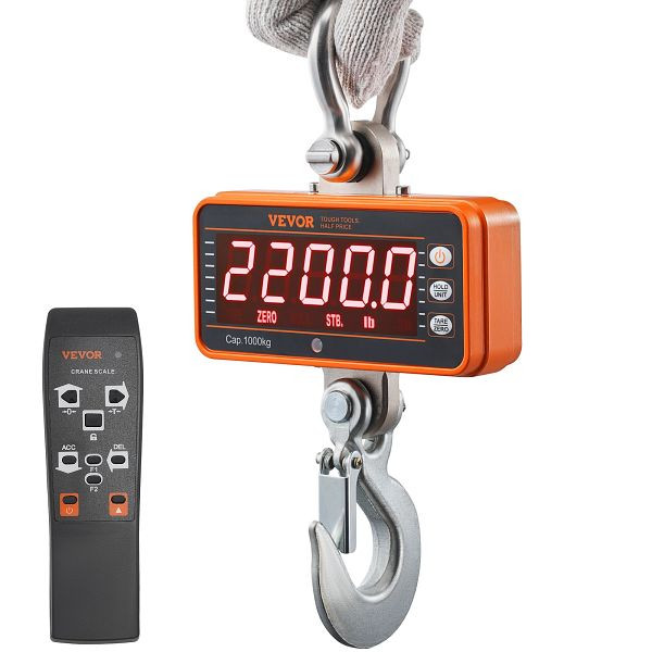 VEVOR Digitale Hängewaage 9 bis 1000kg lbs/kg/N 0,2kg Genauigkeit LED-Display Mini tragbare Waage mit Fernbedienung 9 Funktionen, ZXDCZX200GYZ5IWZ1V9
