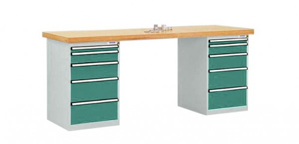 Manuflex Werkbanksystem COMBI, 2 Gehäuse Modell 1 mit massiver Bucheplatte, BxTxH = 2000 x 700 x 840 mm, Graugrün, TP5092.0001