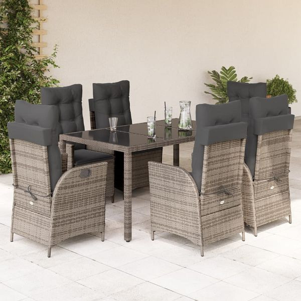 vidaXL 7-teilig Garten-Essgruppe mit Kissen Grau Poly Rattan, 3213081