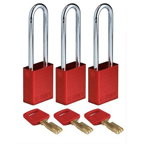 Brady Vorhängeschlösser SafeKey, eloxiertes Alu, VE: 3 Stück, lichte Bügelhöhe 76,20 mm, rot, 311816