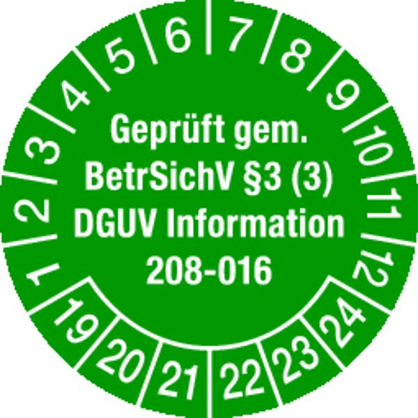 Schilder Klar Prüfplakette ab 23 geprüft gemäß BetrSichV §3 (3) DGUV Information 208-016 ab 22 grün/weiß, 30 mm Folie selbstklebend, VE: 40 Stück, 36/61.23