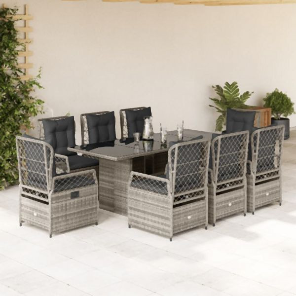 vidaXL 9-tlg. Garten-Essgruppe mit Kissen Grau Poly Rattan, 3262929