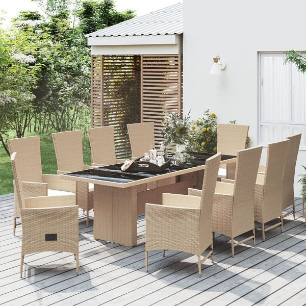vidaXL 11-teilig Garten-Essgruppe mit Kissen Beige Poly Rattan, 3157574