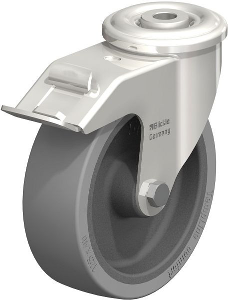 Blickle LIXR-POSI 125G-FI-SG-OF Hitzebeständige Edelstahl-Lenkrolle mit Rückenloch & Feststeller, Silikon-Gummi, Grau, 763599