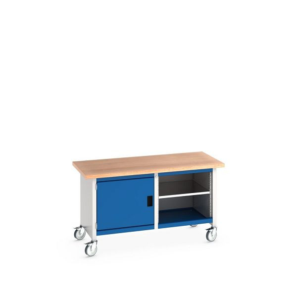 bott cubio Kastenwerkbank mobil, Türe, 2 Ablagen, Multiplex-Arbeitsplatte, BxTxH: 1500x750x840mm, RAL 7035/5010, Enzianblau, 41002094.11V