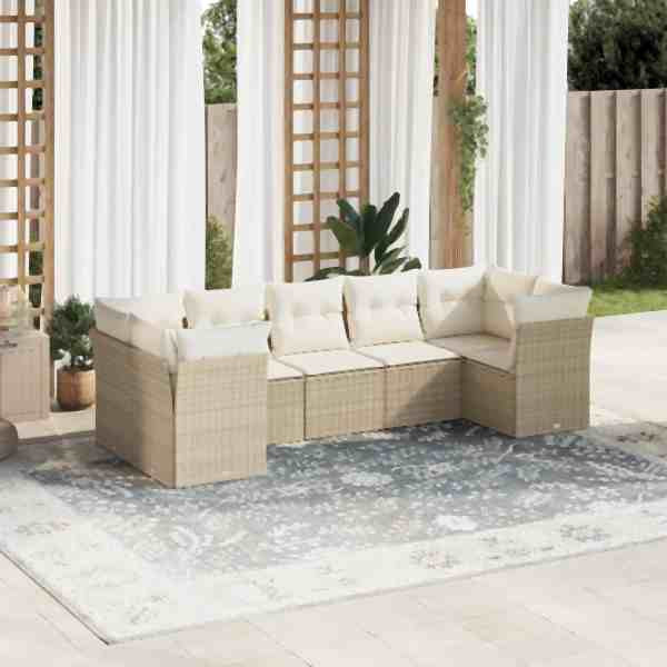 vidaXL 7-tlg. Garten-Sofagarnitur mit Kissen Beige Poly Rattan, UV-beständig, 3249957