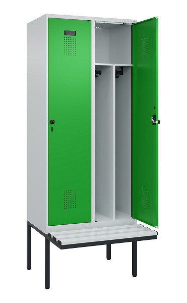 C+P Spind Evolo PLUS, 2 Abteile, 2120x800x815mm, 7035/6037, Haken 4, Drehriegel, Sitzfläche Kunststoff, Trennwand, 0490407-22F S10065