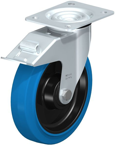 Blickle LE-POEV 200KD-FI-SB Stahlblech-Lenkrolle mit Anschraubplatte & Feststeller, Elastik-Vollgummi, Blau, 749644