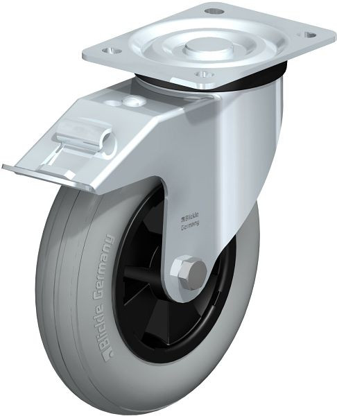Blickle L-VWPP 200R-FI-SG Stahlblech-Lenkrolle, mittelschwere Ausführung, mit Anschraubplatte & Feststeller, Weichgummi, Grau, 849956
