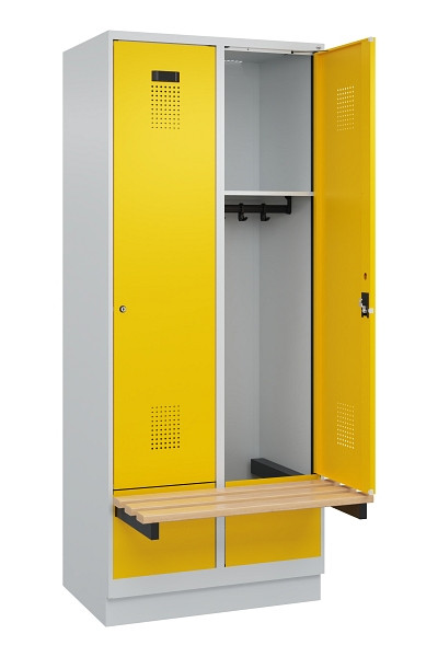 C+P Spind Evolo PLUS, 2 Abteile, 1950x800x815mm, 7035/1023, Zylinderschloss, Sitzfläche Holz, mit Sockel, 049040-22 S10028