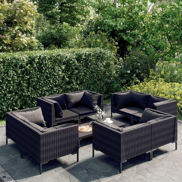 vidaXL 9-teilig Garten-Lounge-Set mit Kissen Poly Rattan Dunkelgrau, 3099809