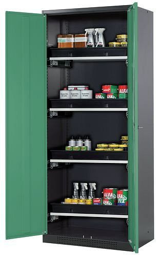 asecos Chemikalienschrank Systema-T CS-84, Korpus anthrazit, Flügeltüren grün, 4 Tablarauszüge, 208901