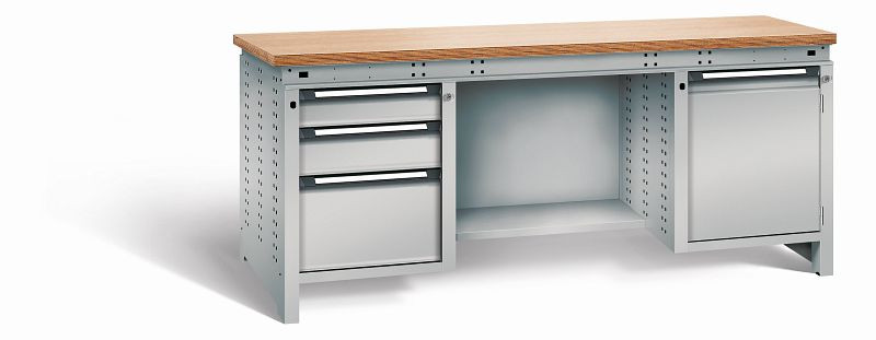 Otto Kind Werkbank Serie function Typ 304, Multiplexplatte 40 mm, bündig, 2x Unterbau + mittleres Feld, komplett RAL 9006, 072359196