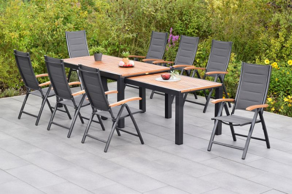 Merxx Paxos Set 9-teilig, 8 Klappsessel, gepolstert, graphit/grau, 1 Flex Ausziehtisch 180/180 x 100/83 x 80/74 cm, 50829-307