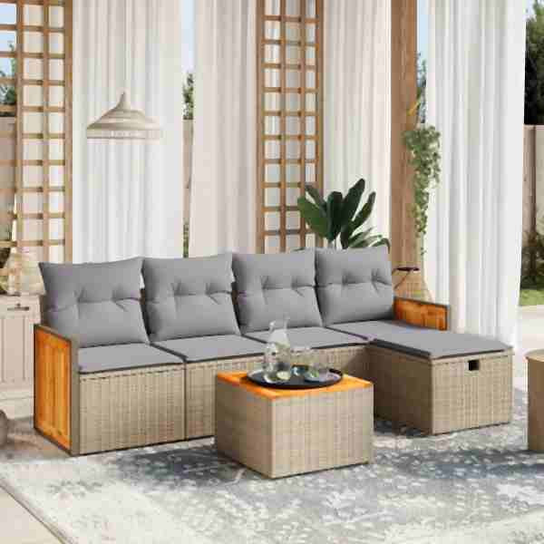 vidaXL 6-tlg. Garten-Sofagarnitur mit Kissen Beige Poly Rattan, UV-beständig, 3265728