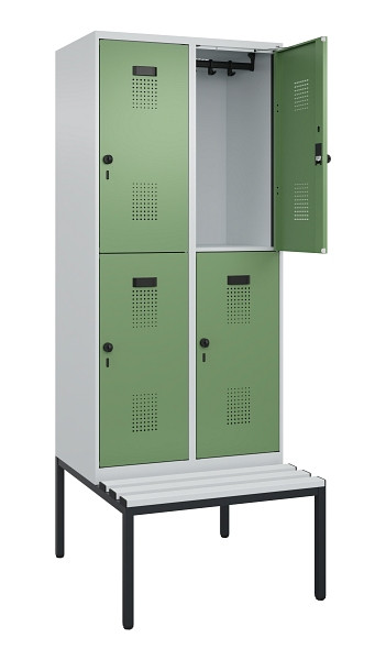 C+P Doppelstock-Spind Evolo PLUS, Bank, 4 Fächer, 2120x800x815mm, 7035/6011, Drehriegel, Sitzfläche Kunststoff, Sitzbank, 0493507-22 S10091