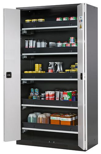 asecos Chemikalienschrank Systema-T CS-105F, Korpus anthrazit, Falttüren grau, 5 Tablarauszüge, 209019