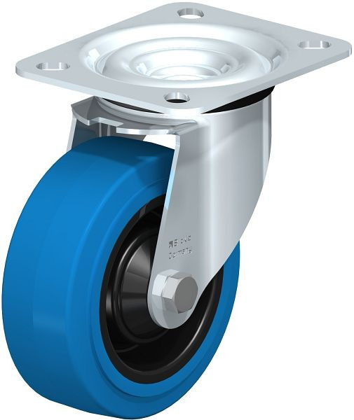 Blickle LE-POEV 100KD-SB Stahlblech-Lenkrolle mit Anschraubplatte, Elastik-Vollgummi, Blau, 680967