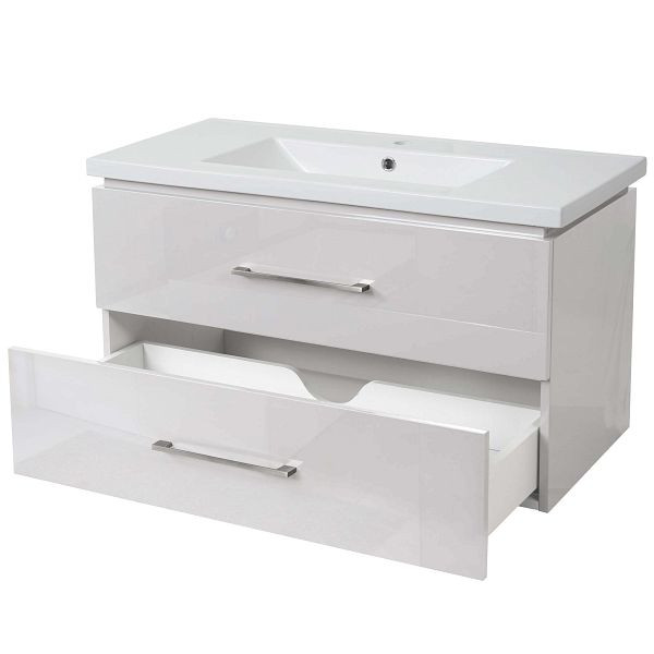 Mendler Premium Waschbecken + Unterschrank HWC-D16, Waschbecken Waschtisch, hochglanz 90cm, weiß, 62245+62244