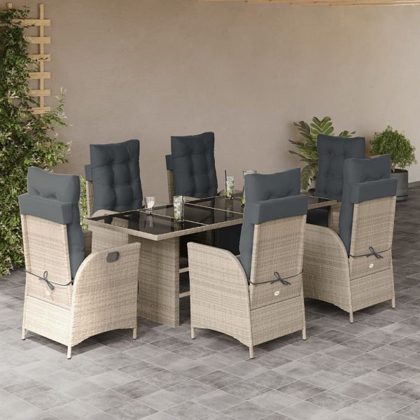 vidaXL 7-teilig Garten-Essgruppe mit Kissen Hellgrau Poly Rattan, 3213362