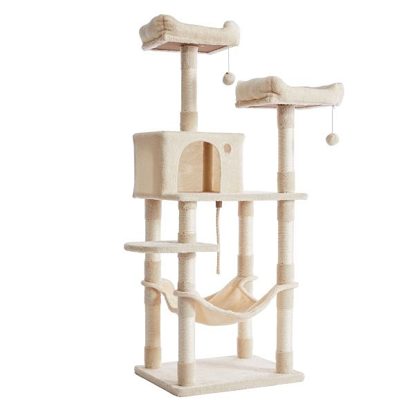 Feandrea Kratzbaum, Stall-Katzenturm, 2 plüschige Sitzstangen, 143 cm, beige, PCT15BE
