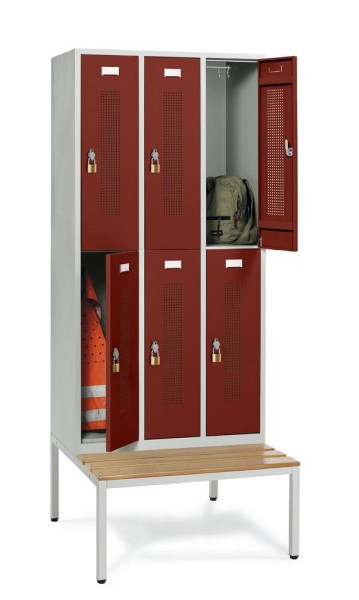 Deskin Doppelstöckiger Spind mit Sitzbank, Rubinrot RAL 3003, 870 x 800 x 2050 mm, 6 Abteile, Korpus: Lichtgrau RAL 7035, 331503