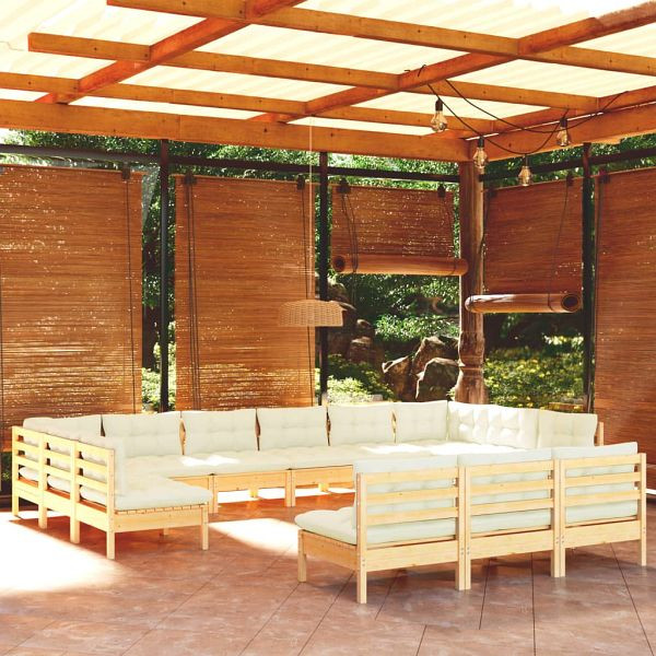 vidaXL 13-teilig Garten-Lounge-Set mit Creme Kissen Massivholz Kiefer, 3097235