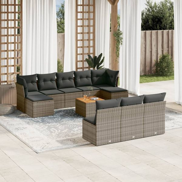 vidaXL 11-teilig Garten-Sofagarnitur mit Kissen Grau Poly Rattan, 3223869