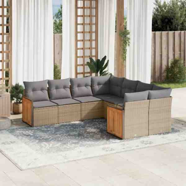 vidaXL 8-tlg. Garten-Sofagarnitur mit Kissen Beige Poly Rattan, UV-beständig, 3260638