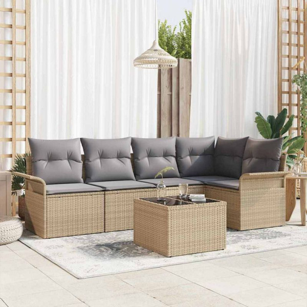 vidaXL Garten-Sofa-Set mit Kissen mit Speicher, 6er Set, Beige Poly Rattan, 3354039
