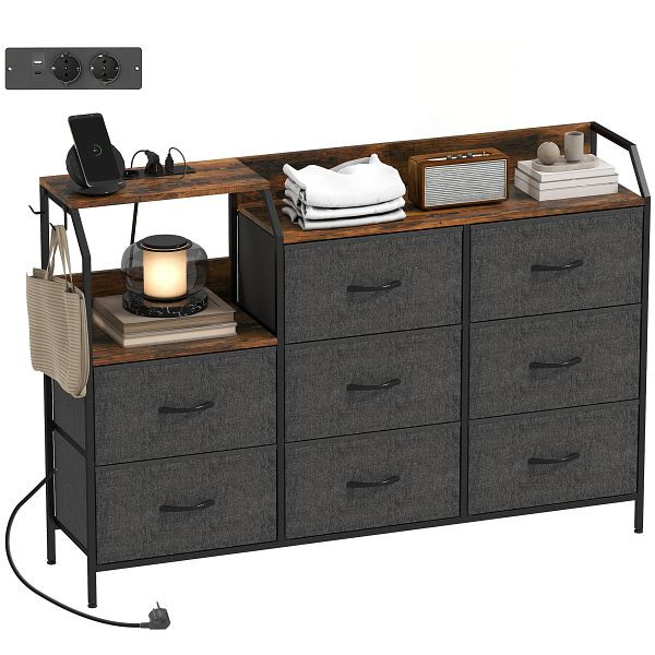 HOMCOM Kommode mit 8 Stoffschubladen, Stahlrahmen, Ladestation, Rustikal-Braun+Schwarz, 83D-157V90RB