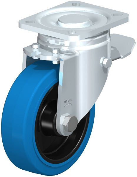 Blickle LH-POEV 125R-1-ST-SB Stahlblech-Lenkrolle, Schwerlast-Ausführung, mit Anschraubplatte & Feststeller, Elastik-Vollgummi, Blau, 750070
