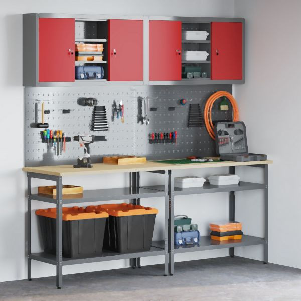 vidaXL 8-teiliges Werkzeuglager-Tischset in Rot aus Ingenieurholz und Metall, 3321503