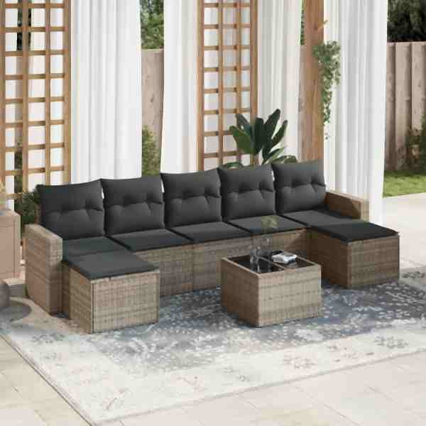 vidaXL 8-tlg. Garten-Sofagarnitur mit Kissen Grau Poly Rattan, UV-beständig, 3219340