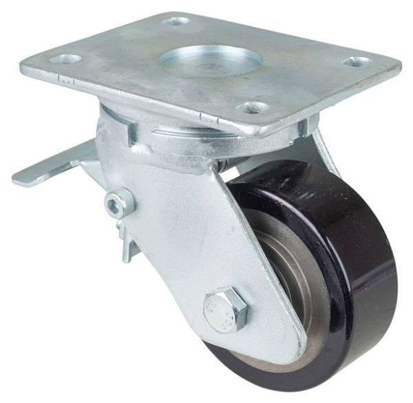 BS Rollen Schwerlastrolle mit Rad-/Feststeller, Breite 40 mm, Ø100 mm, bis 290 kg, Guss-Polyurethan 78 Shore A, Körper Guss, Kugellager, RR120.C11.100