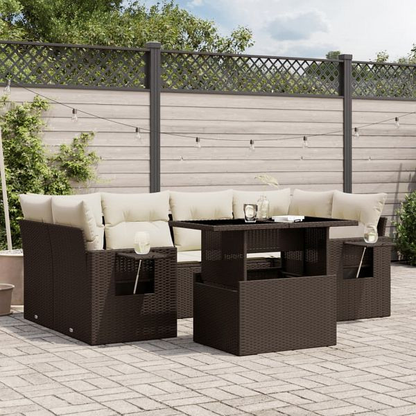 vidaXL 7-teilig Garten-Sofagarnitur mit Kissen Braun Poly Rattan, 3267763