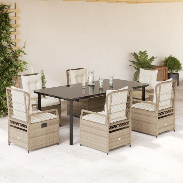 vidaXL 7-tlg. Garten-Essgruppe mit Kissen Beige Poly Rattan, 3263025