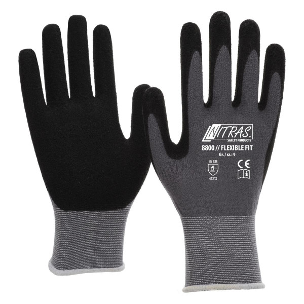 NITRAS FLEXIBLE FIT, Strickhandschuhe, Spezial-Stretch-Strick, grau, Spezialbeschichtung, schwarz, Größe: 10, VE: 144 Paar, 8800-10