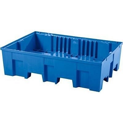 asecos Auffangwanne, für 2 Fässer à 200 l, unterfahrbar, 865 x 1245 x 350 mm, mit verzinktem Gitterrost, Polyethylen, blau, 33054