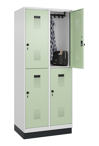 C+P Doppelstöckiger Spind Evolo PLUS, mit Sockel, 4 Fächer, 1950x800x500mm, 9016, Frontfarbe RAL 6019 Weissgrün, Drehriegel, 049320-22 S10019
