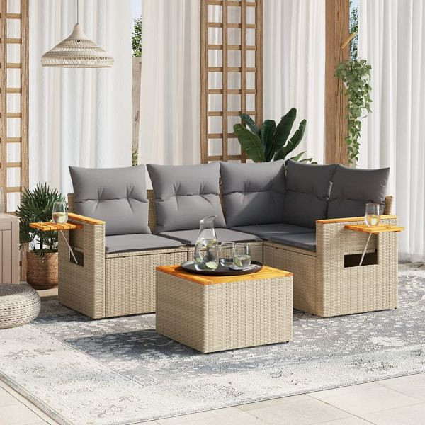 vidaXL 5-teilig Garten-Sofagarnitur mit Kissen Beige Poly Rattan, 3226780