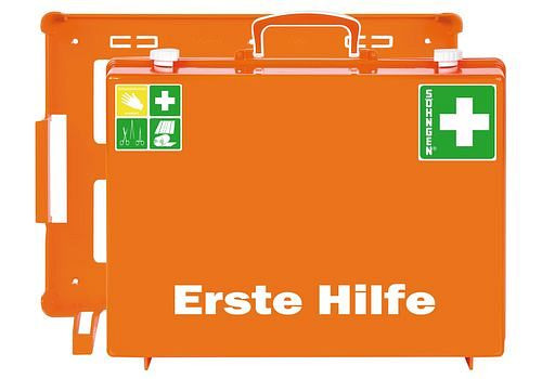 DENIOS Erste-Hilfe-Koffer mit Füllung nach DIN 13169, mit Wandhalterung, orange, 116585