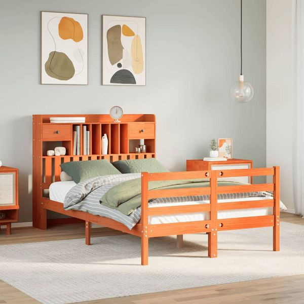 vidaXL Massivholzbett mit Regal ohne Matratze Wachsbraun 135x190 cm, 3321951