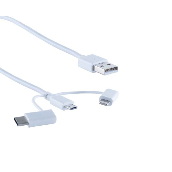 S-Conn USB 3in1 Ladekabel, USB-A-Stecker auf USB Micro B + USB Typ C + Lightning Stecker, ALU silber, 1m, 14-50073