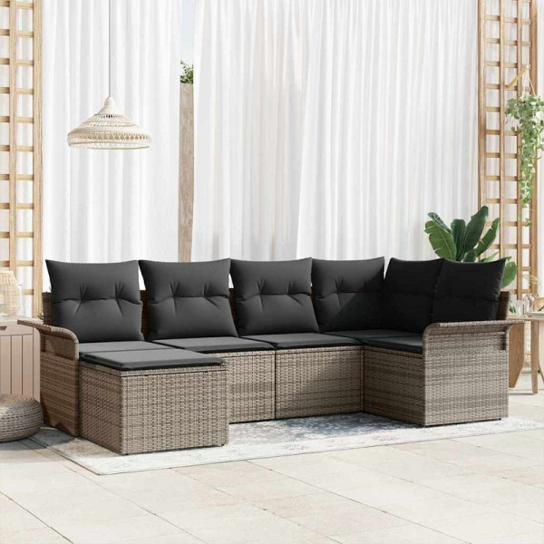 vidaXL Garten-Sofa-Set mit Kissen mit Speicher, 6er Set, Grau Poly Rattan, 3354098