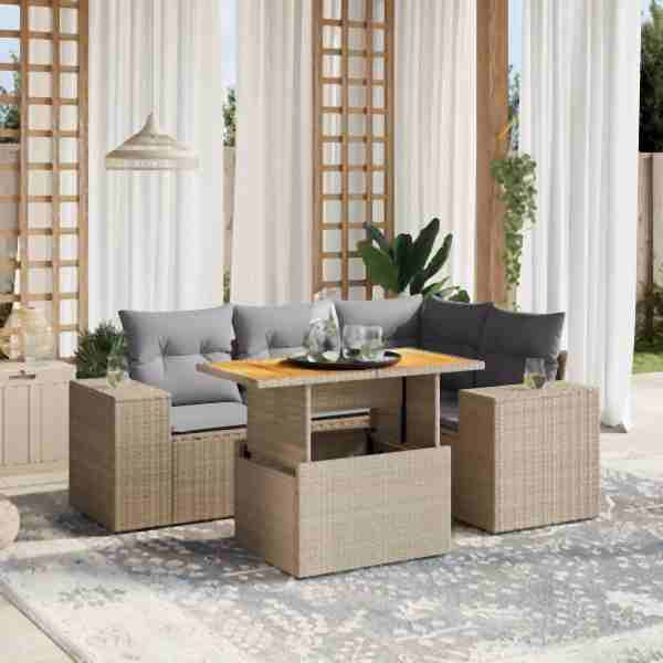 vidaXL 5-tlg. Garten-Sofagarnitur mit Kissen Beige Poly Rattan, UV-beständig, 3272620
